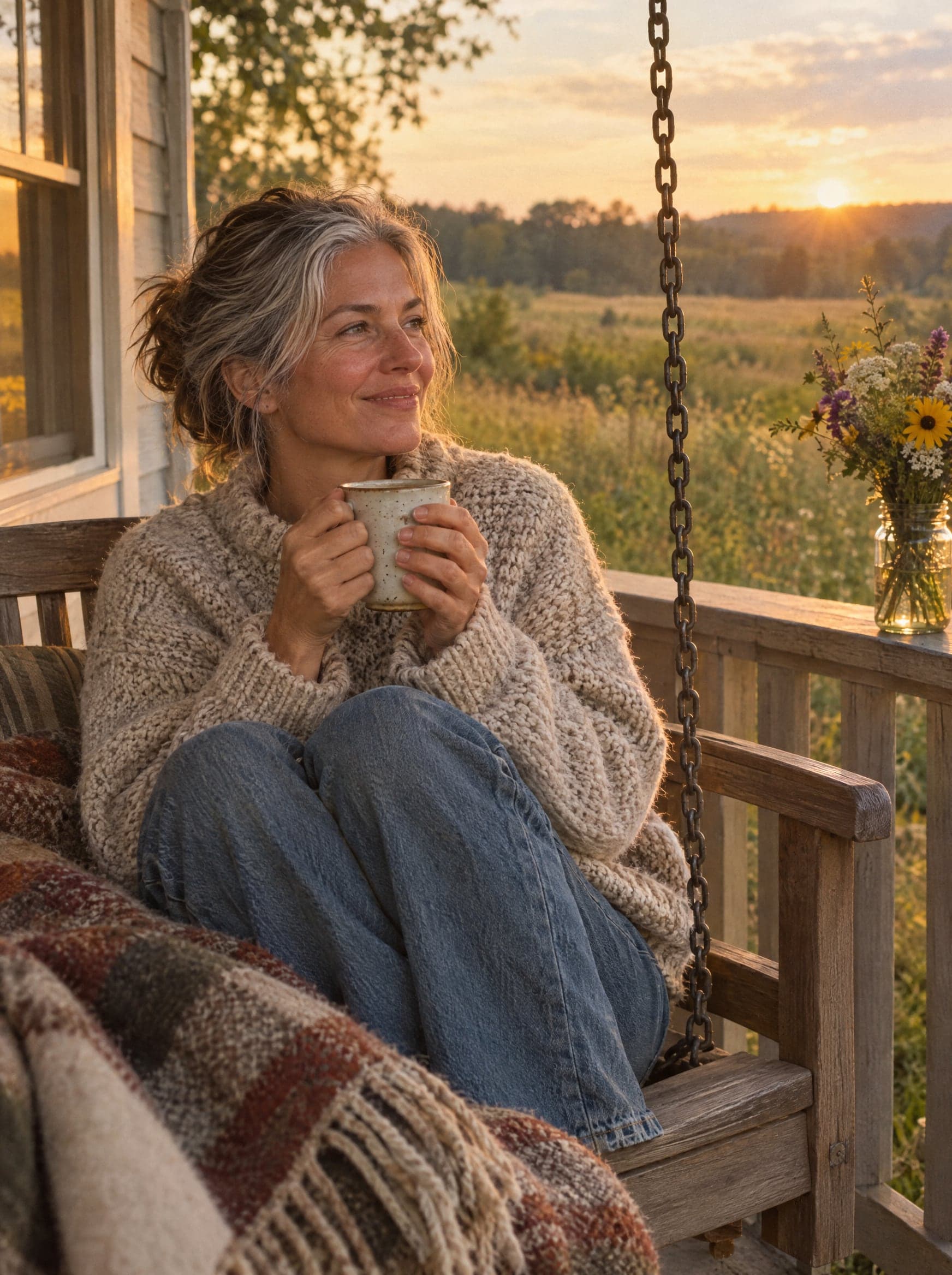 A woman in an oatmeal sweater on a porch swing holding a mug at sunset