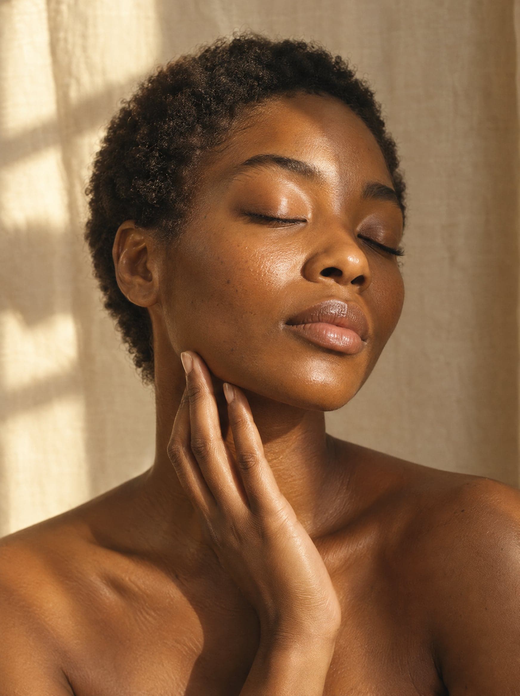 A woman with her eyes closed resting her fingertips along her jaw in warm window light