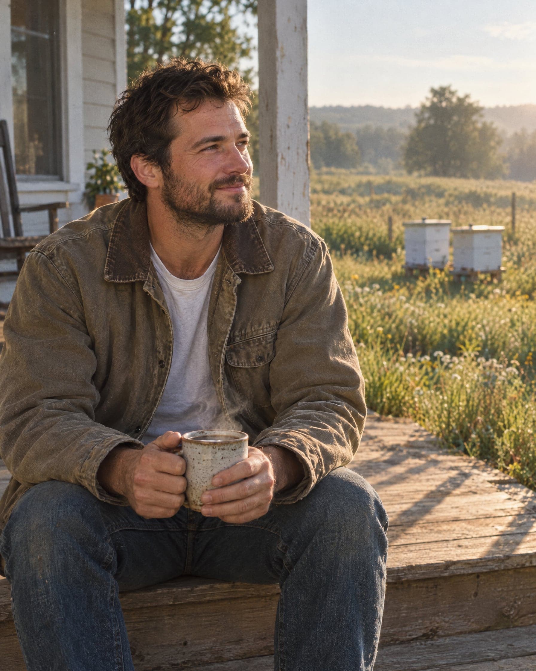 A man in a canvas jacket sitting on a porch step with a mug, beehives in the meadow behind him