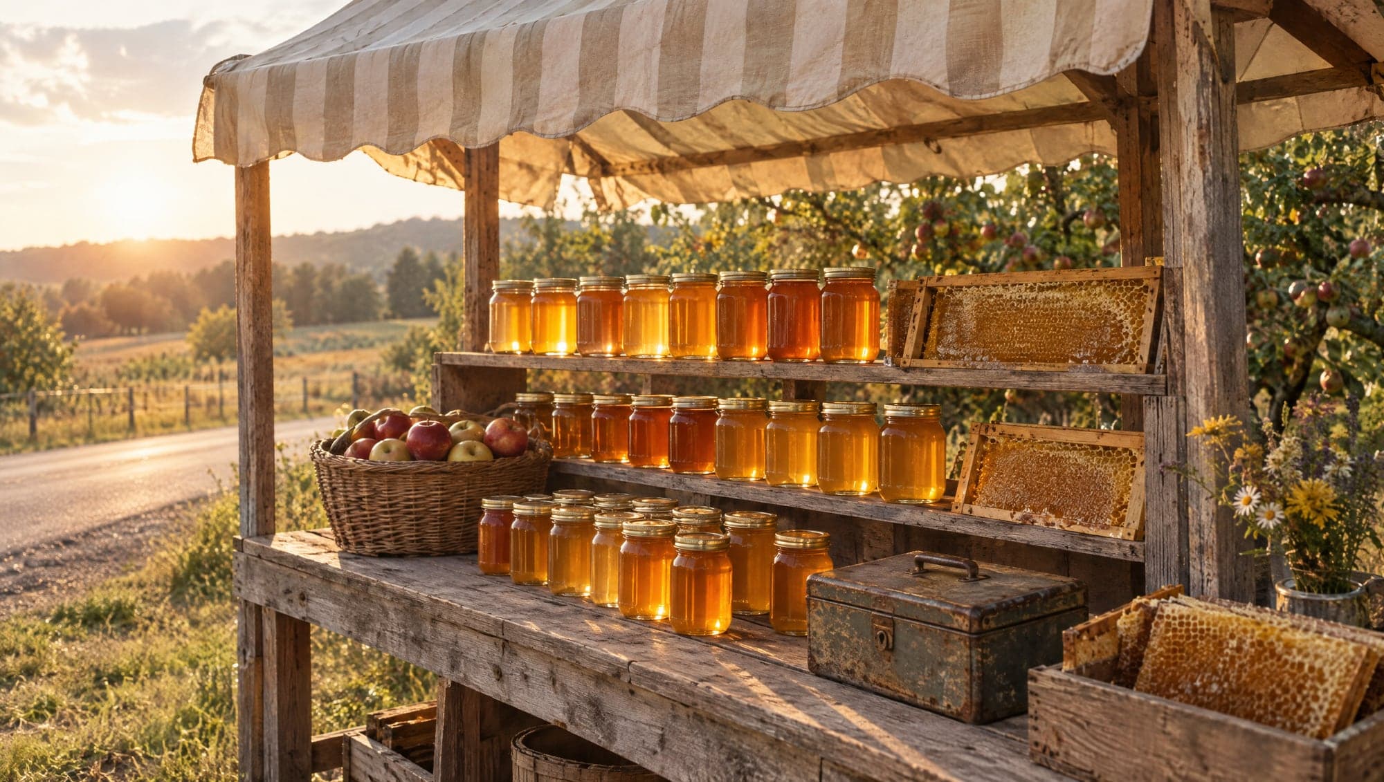 A roadside honey stand with shelves of golden honey jars and honeycomb frames under a canvas awning